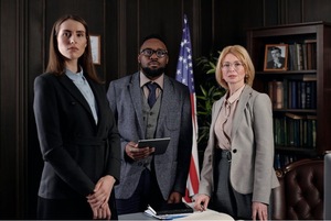 A group of people standing in a room