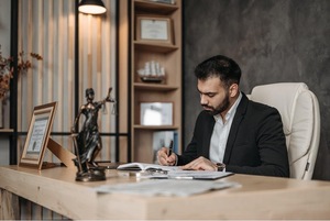 A person sitting at a desk writing on a book